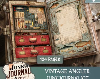 May include: A vintage angler junk journal kit with 124 pages. The open journal displays fishing tackle and lures in red drawers. The pages are decorated with fish illustrations and vintage ephemera. The words "Digital Download" are visible. The kit is themed around angling.