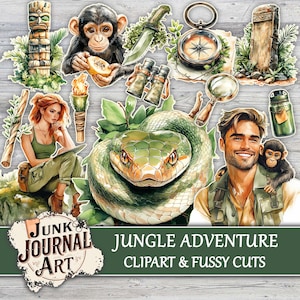 May include: A collection of jungle-themed clipart and fussy cuts. The image features illustrations of a snake, a compass, a monkey, a woman, a man, and other adventure-related elements. Text on the image reads "Jungle Adventure Clipart & Fussy Cuts" and "Junk Journal Art."
