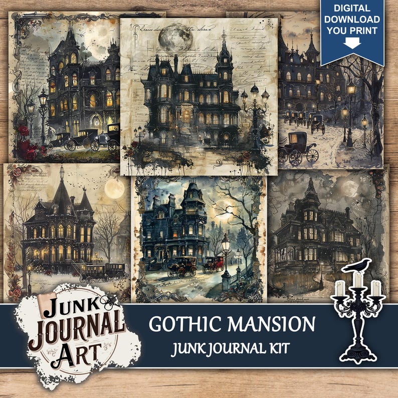 Gothic Mansion Junk Journal Kit, Dark Castle Scrapbook Papers, Haunted ...