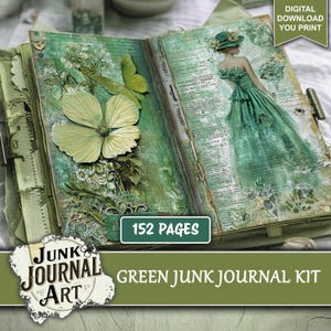 Green junk journal digitals, junk journal supplies, junk journal kits, green junk journal kit, green papers, green butterfly, green ephemera