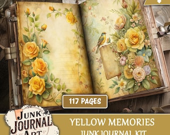 Yellow Junk Journal Kit, Shabby Chic Floral Scrapbook Papers, Bee & Butterfly Ephemera, Summer Memory Tags