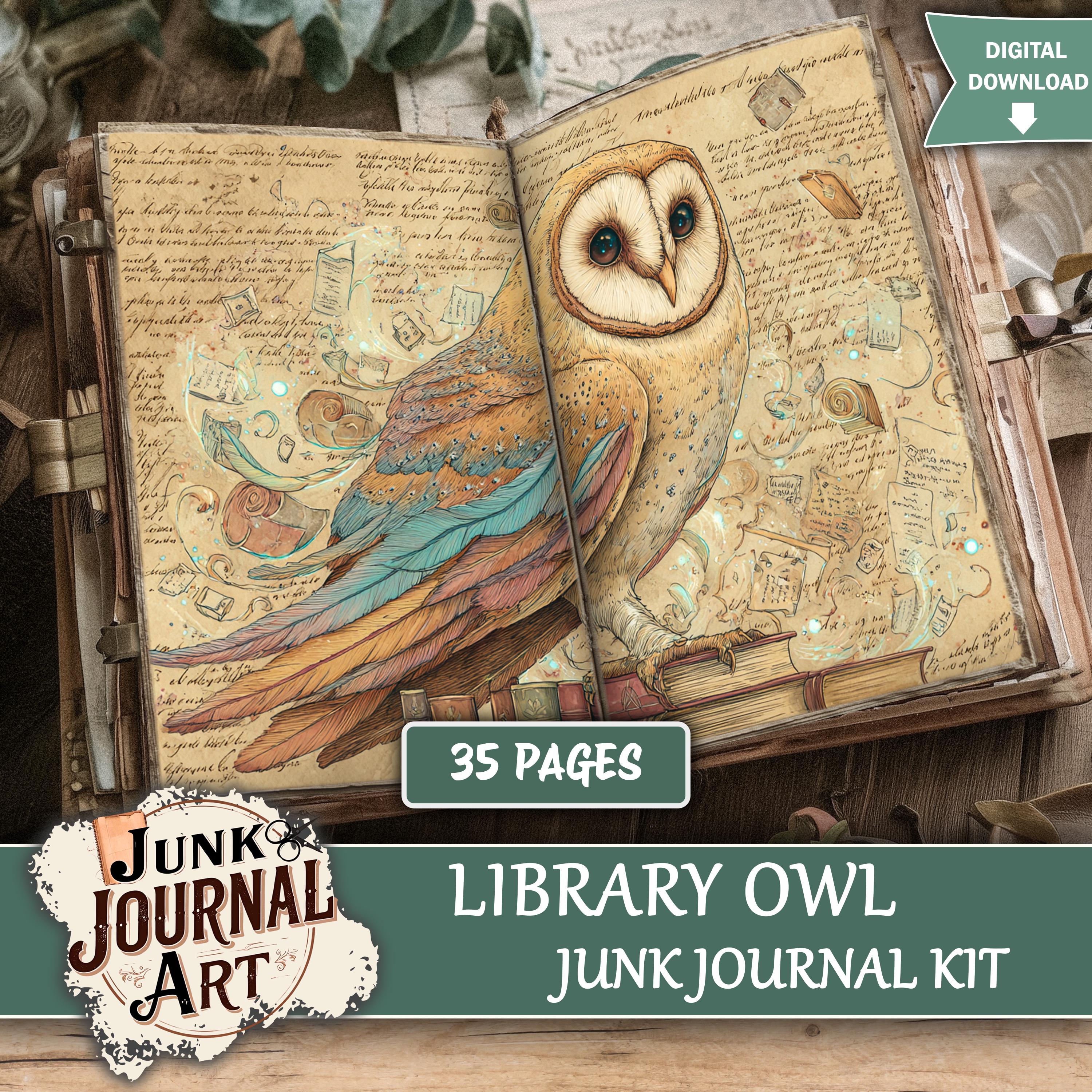 Library Owl Junk Journal Pages, Vintage Book Lover Ephemera, Steampunk Bird Kit, Dark Academia print