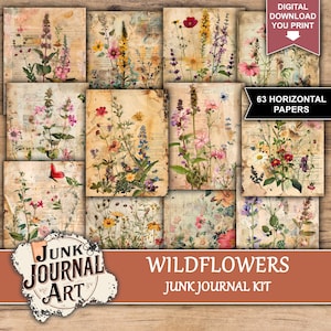 Junk Journal, junk journal supplies, junk journal kits, junk journal ideas, junk journal paper, junk journaling kits, junk journal sticker, junk journal flowers, Wildflowers paper, floral junk journal, wildflowers stickers, vintage wildflowers