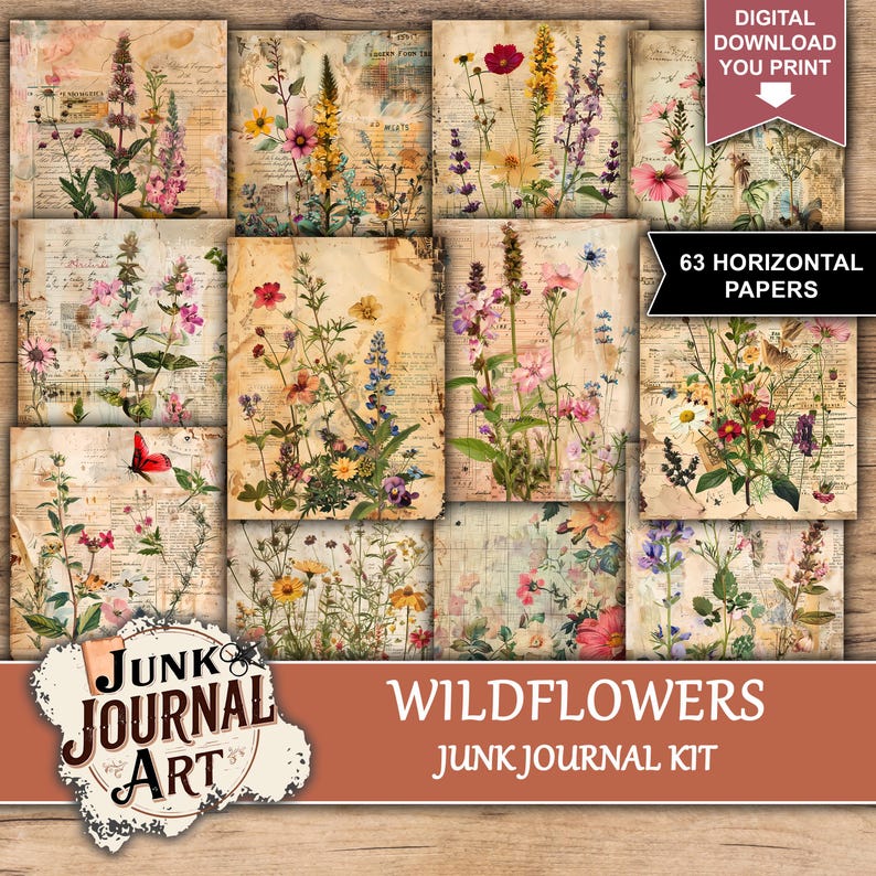 Junk Journal, junk journal supplies, junk journal kits, junk journal ideas, junk journal paper, junk journaling kits, junk journal sticker, junk journal flowers, Wildflowers paper, floral junk journal, wildflowers stickers, vintage wildflowers