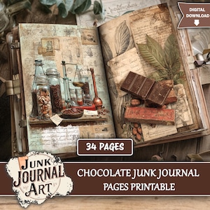 May include: Open junk journal with vintage-style pages. One side features jars, scales, and beans. The other side displays chocolate bars and leaves. The journal is labeled "Chocolate Junk Journal Pages Printable" with 34 pages.