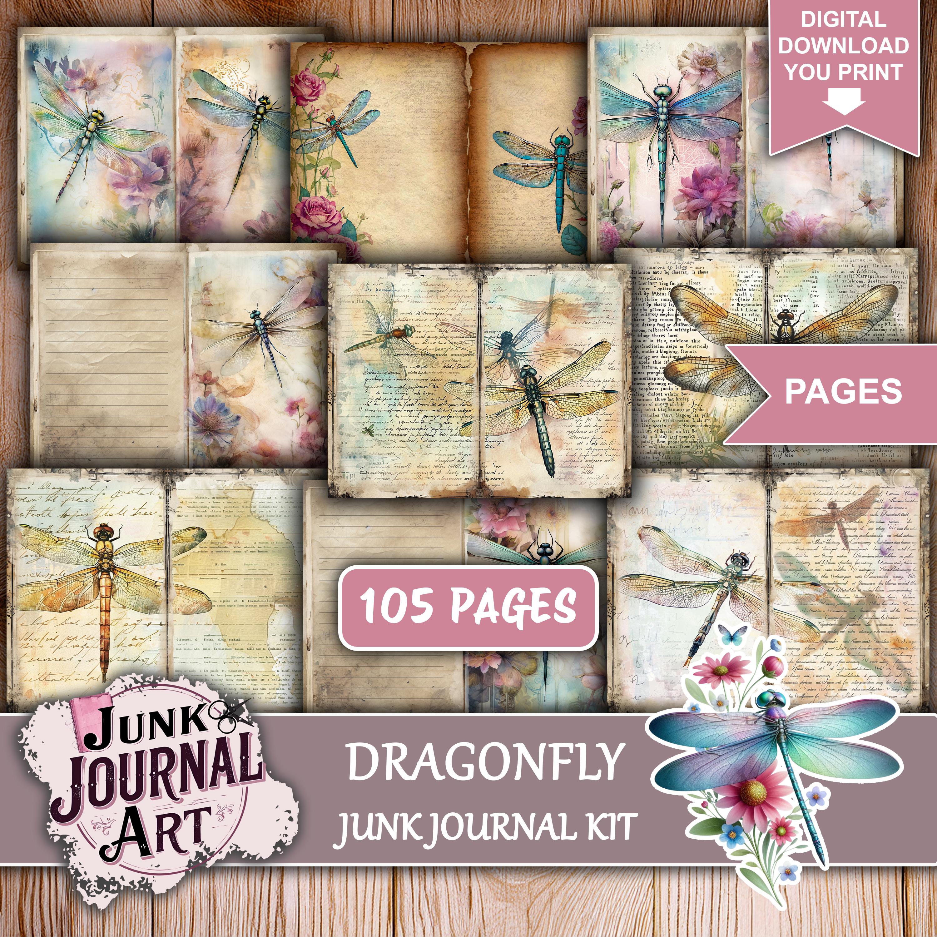 Vintage Dragonfly Junk Journal Kit, Floral Printable Papers, Ephemera ...