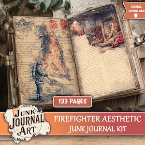 May include: An open vintage journal with illustrations of firefighters and flames. The left page shows a firefighter tackling a fire. The right page depicts a fire station. The journal is labelled "133 pages" and "Firefighter Aesthetic Junk Journal Kit."