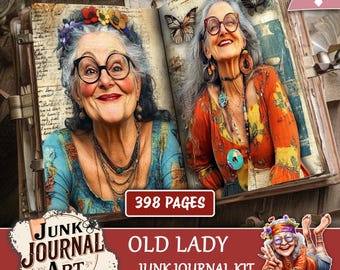 以下が含まれることがあります： Old Lady Junk Journal Kitのデジタルダウンロード。画像は、メガネとカラフルな服を着た老婦人のイラストが描かれた、ヴィンテージスタイルの開いた本を示しています。本は398ページあります。キットには「Junk Journal Art」というテキストが含まれています。
