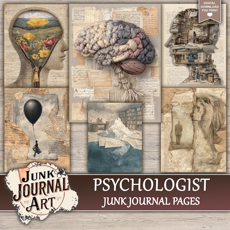 junk journal supplies, junk journal kits, junk journal paper, junk journal pages, Vintage Junk journal, Medical junk journal, Psychologist journal, Brain art, Mental Health, Phrenology Head, Mind Art, fussy cut, printable paper