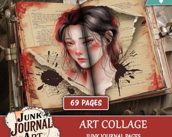 May include: Digital art collage featuring a portrait of a woman with dark hair, integrated into the pages of an antique book. The book has torn pages with ink splatters and the text "69 pages" is visible. The words "Junk Journal Art" and "Art Collage" are also present.