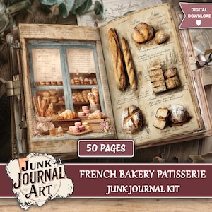 junk journal supplies, junk journal kits, junk journal paper, junk journal pages, Vintage Junk journal, French Bakery, Vintage Patisserie, Croissant Paper, Macaroon Art, Food Junk Journal, Kitchen Scrapbook, Cafe Storefront, fussy cuts