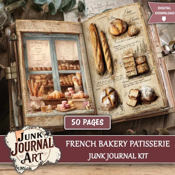 French Bakery Patisserie Junk Journal Printable Pages, Vintage Food paper, Paris Sweet Kit, Croissant Macaroon