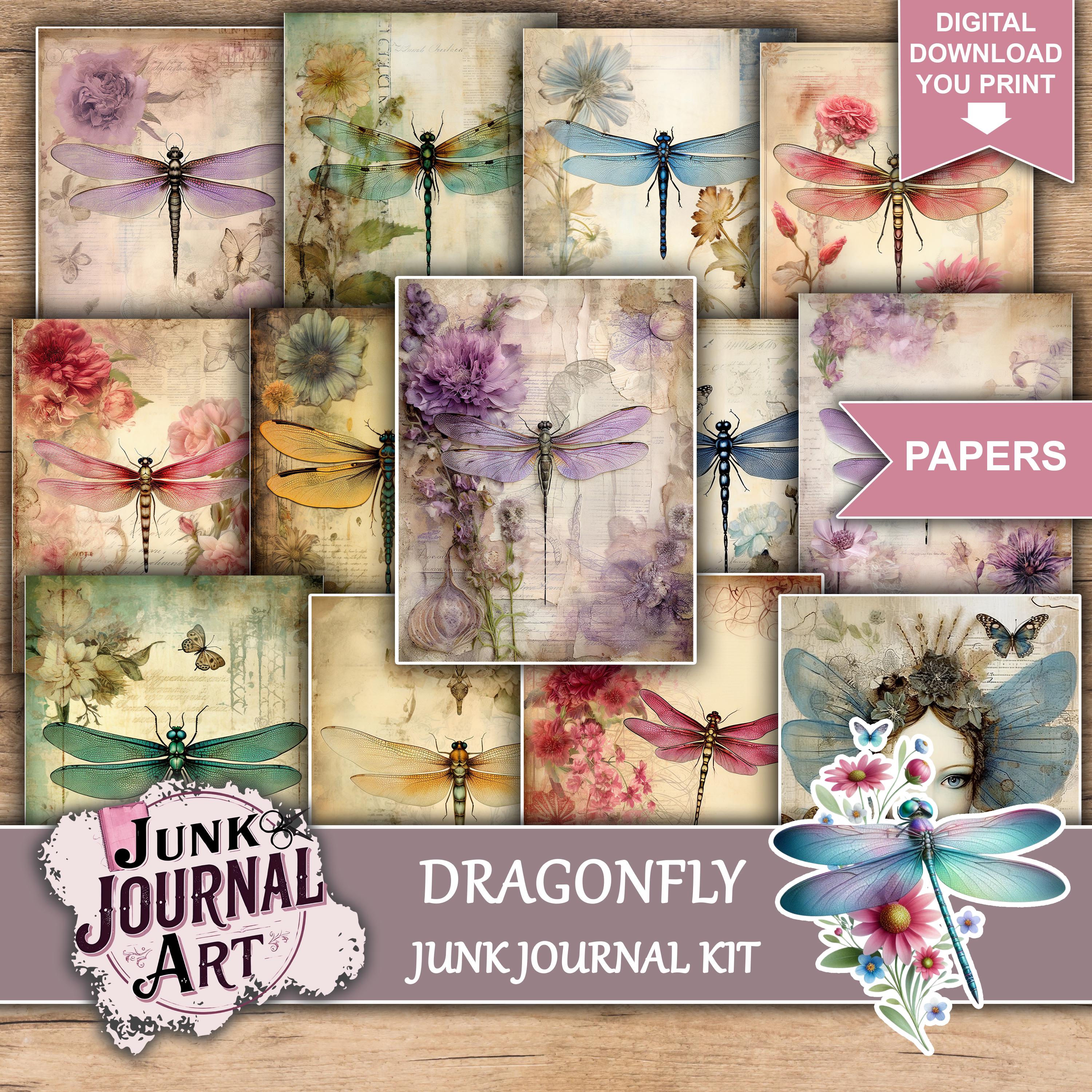 Vintage Dragonfly Junk Journal Kit, Floral Printable Papers, Ephemera ...