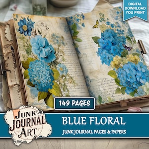Blue junk journal printables, Blue floral paper, blue roses scrapbook, Junk journal supplies, junk journal kits, blue ephemera, blue paper