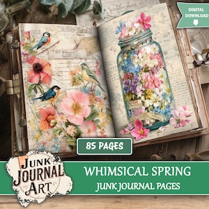 Spring Junk Journal Kit, junk journal benodigdheden, junk journal kits, grillige bloemenpagina's, vintage tuinvogels, lente ephemera