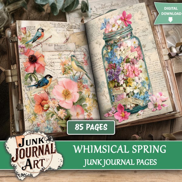 Kit de diario basura de primavera, materiales para diario basura, kits de diario basura, páginas florales caprichosas, pájaros de jardín vintage, decoración primaveral