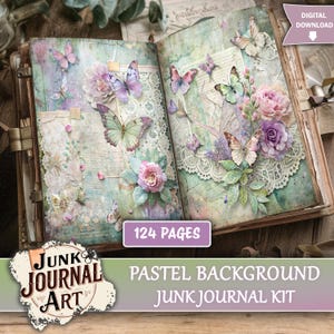 Puede incluir: Diario abierto con fondo pastel, con mariposas, encaje y adornos florales. El diario tiene 124 páginas. La portada es marrón con un cierre metálico. Está etiquetado como "Junk Journal Art".