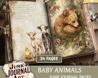 May include: Open junk journal with illustrations of baby animals, including a lamb, a duckling, and a sleeping bear. The journal pages have a vintage aesthetic with handwritten text and a distressed look. The cover reads "Baby Animals Junk Journal Pages."