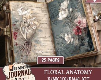 Floral Anatomy Junk Journal Printable Pages, Vintage Medical Ephemera, Skeleton Heart Flower Kit, Gothic Dark Academia