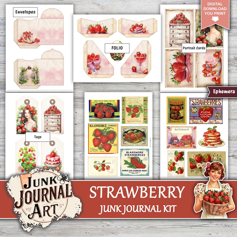 junk journal supplies, junk journal kits, junk journal ideas, junk journal paper, junk journaling kits, junk journaling, junk journal sticker, vintage junk journal, Strawberry journal, goose junk journal, Strawberry clipart, Fussy cuts, scrapbook