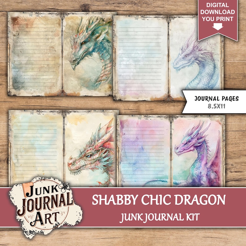 Junk Journal Dragon, Junk journal roses, ephemera dragon, Shabby Chic, junk journal kits, junk journal ideas, rose pink, vintage journal, floral journal, Junk journal roses, dragon stickers, junk journal supplies, journaling supplies