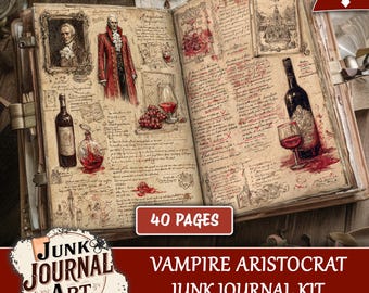Vampire Aristocrat Junk Journal printable Pages, Gothic Romance Ephemera, Dark Fantasy Nobility, Blood Red Rose Kit