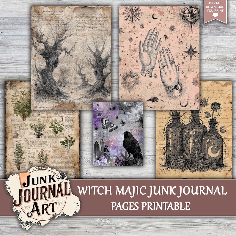 The image is a collage of various artistic and mystical elements, including illustrations of trees, a bird, and bottles, along with text and symbols related to magic and the occult.