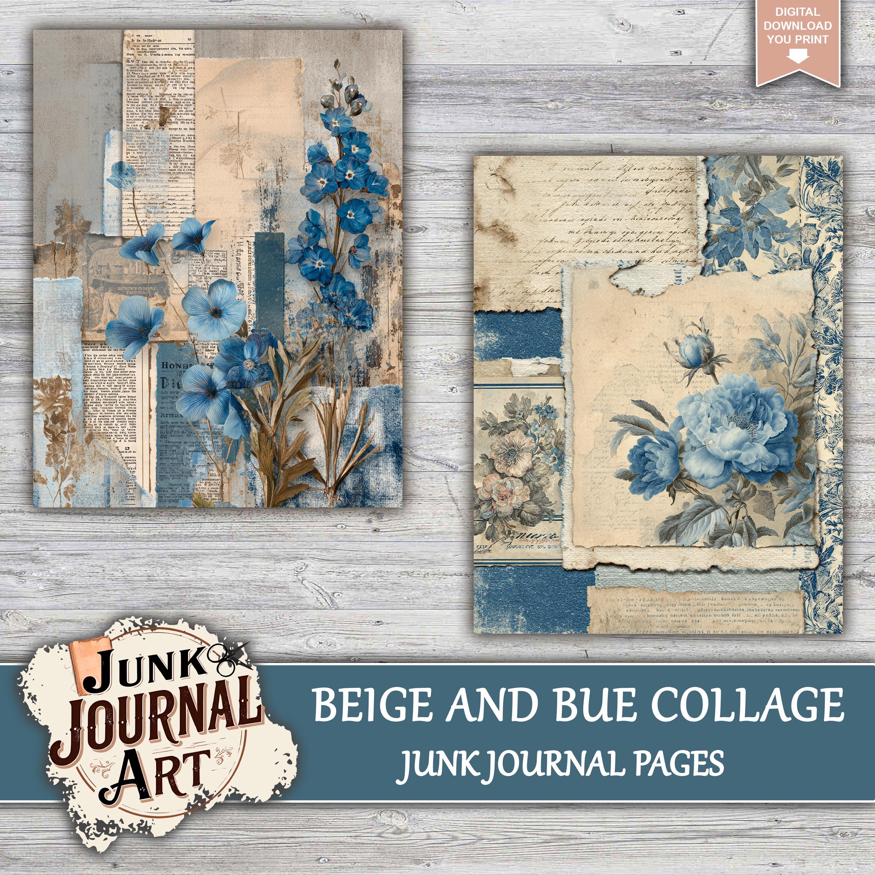 Blue and Beige Junk Journal Kit, 37 Vintage Collage Pages, Ocean Floral ...
