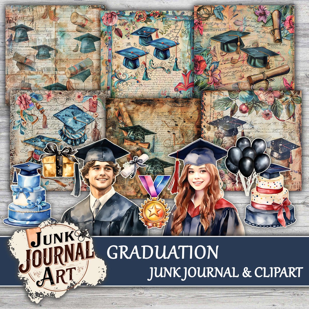 Watercolor Graduation Clipart & Junk Journal Pages, Vintage School ...