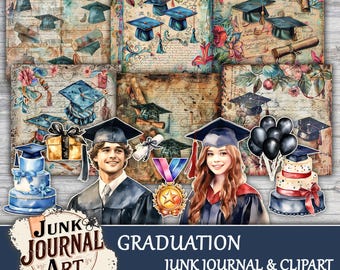 May include: A digital collage featuring graduation-themed illustrations. It includes images of mortarboards, scrolls, cakes, balloons, and portraits of graduates. The text "Graduation Junk Journal & Clipart" is visible.