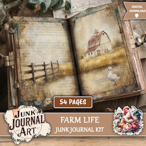 May include: Open junk journal with farm life illustrations. The left page shows a wooden fence in a field, while the right page features a barn and a duck. The journal has 54 pages and includes the text "Farm Life Junk Journal Kit."