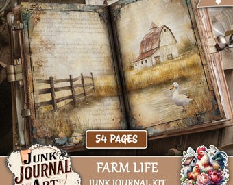 Vintage Farm Life Junk Journal Kit, Rustic Country Scrapbook Papers, Cow & Red Barn Ephemera
