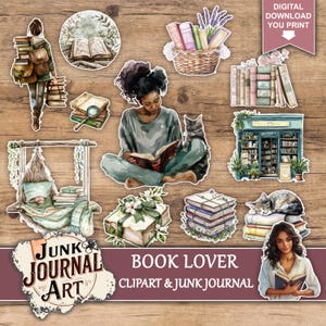 May include: Digital collage sheet featuring various illustrations of books, reading, and book-related items. Includes images of people reading, stacks of books, a bookshelf, and the text "BOOK LOVER CLIPART & JUNK JOURNAL".