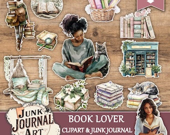 Gemütliches Buch Liebhaber Clipart Bundle, Aquarell Lese Mädchen PNG, Bibliothek Bücher Stapel Grafiken, Planer Aufkleber & Journal Ephemera