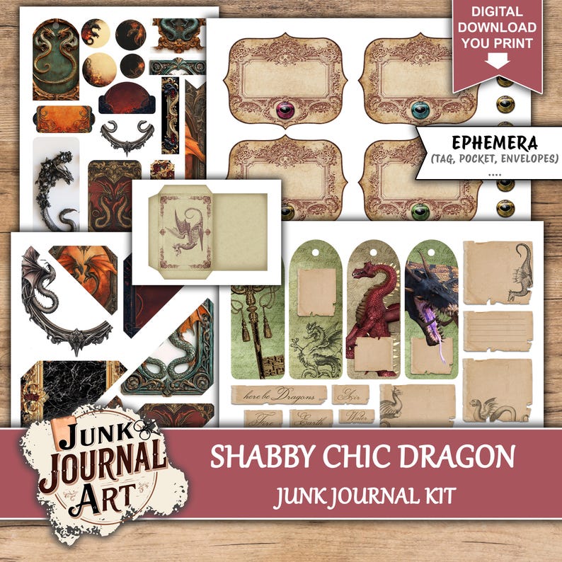 Junk Journal Dragon, Junk journal roses, ephemera dragon, Shabby Chic, junk journal kits, junk journal ideas, rose pink, vintage journal, floral journal, Junk journal roses, dragon stickers, junk journal supplies, journaling supplies