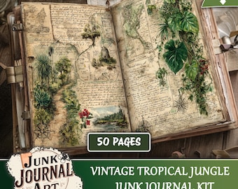 May include: An open vintage journal with botanical illustrations and handwritten text. The pages feature drawings of tropical plants, maps, and a compass rose. The cover is brown with metal clasps. The text reads "50 PAGES" and "VINTAGE TROPICAL JUNGLE JUNK JOURNAL KIT."