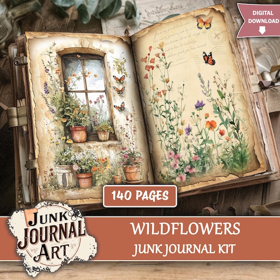 Junk Journal Wildflowers, junk journal supplies, junk journal kits, floral junk journal, wildflowers paper, wildflowers stickers, ephemera