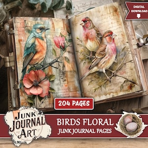 Puede incluir: Diario basura abierto con ilustraciones de pájaros y flores. El diario presenta un pájaro azul, naranja y turquesa en una página y dos pájaros rojos y marrones en la otra. El diario tiene 204 páginas y el texto "Birds Floral Junk Journal Pages".