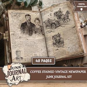 Op de afbeelding: Open vintage junk journal kit met koffie-gekleurde pagina's. Het tijdschrift bevat krantenknipsels, illustraties van mensen en voertuigen en de tekst "Newspapers". Het tijdschrift heeft 48 pagina's en is gelabeld "Digitale download".