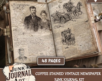 Coffee Stained Vintage Newspaper junk journal printable pages, Grunge Text Texture, Antique Ephemera
