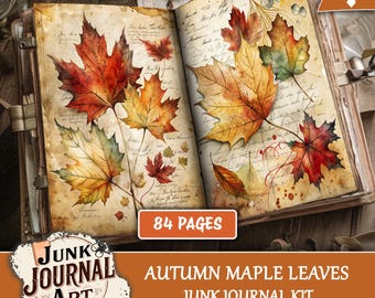 Autumn Junk Journal Pages - Printable Maple Leaf Paper Kit, Fall