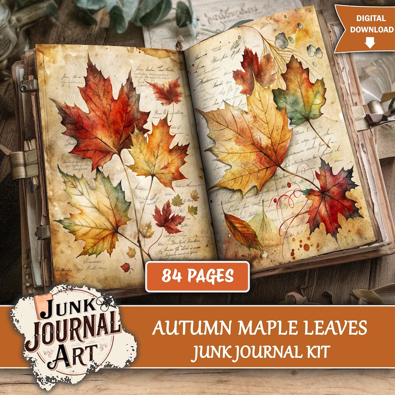 The image is a digital download of an autumn maple leaf journal art kit, containing 84 pages of autumn leaves.