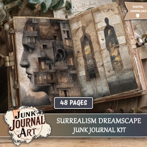 Op de afbeelding: Open junk journal met surrealistische kunst. Eén pagina toont een menselijk profiel met een stadsgezicht erin. De tegenoverliggende pagina toont twee figuren met een landschap erin. Het tijdschrift is getiteld "Surrealism Dreamscape Junk Journal Kit" en heeft 48 pagina's.