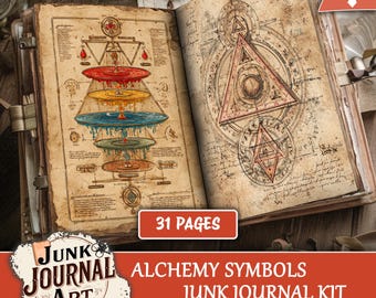Alchemy Symbols Junk Journal Pages, Vintage Grimoire Kit, Printable Paper, Ephemera, Tags, Labels