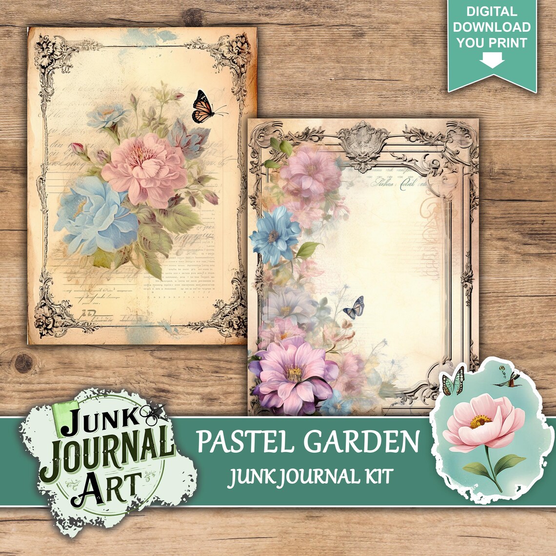 Vintage Pastel Garden Junk Journal Kit, Shabby Chic Soft Floral ...