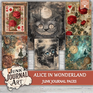 The image is a collage of various artistic and decorative elements, including a cat's face, roses, clocks, and other vintage-style imagery. The collage is titled "Alice in Wonderland Junk Journal Art" and includes "junk journal pages" as part of the content.