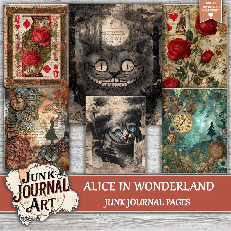 The image is a collage of various artistic and decorative elements, including a cat's face, roses, clocks, and other vintage-style imagery. The collage is titled "Alice in Wonderland Junk Journal Art" and includes "junk journal pages" as part of the content.