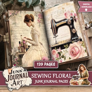 Pode incluir: Um livro de arte digital de jornal de lixo com 139 páginas. O livro aberto apresenta ilustrações vintage de temas de costura, incluindo uma mulher com carretéis de linha e uma máquina de costura preta com rosas cor-de-rosa.