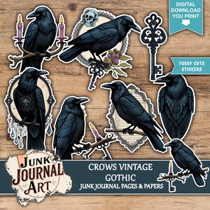 various stickers and illustrations of black crows, including some with candles, keys, and floral elements, all set against a wooden background.