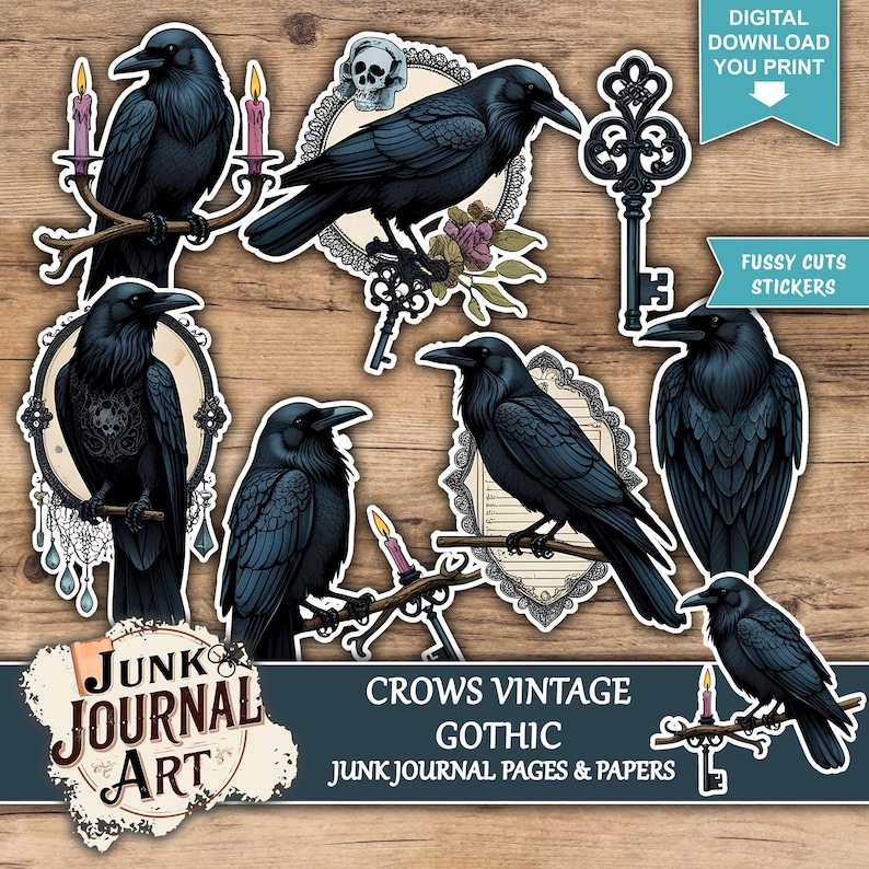 various stickers and illustrations of black crows, including some with candles, keys, and floral elements, all set against a wooden background.